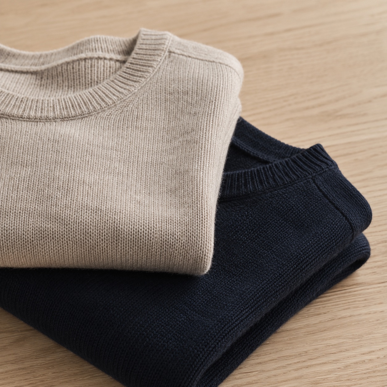Two folded lambswool knitted jumpers in oatmeal and ink navy
