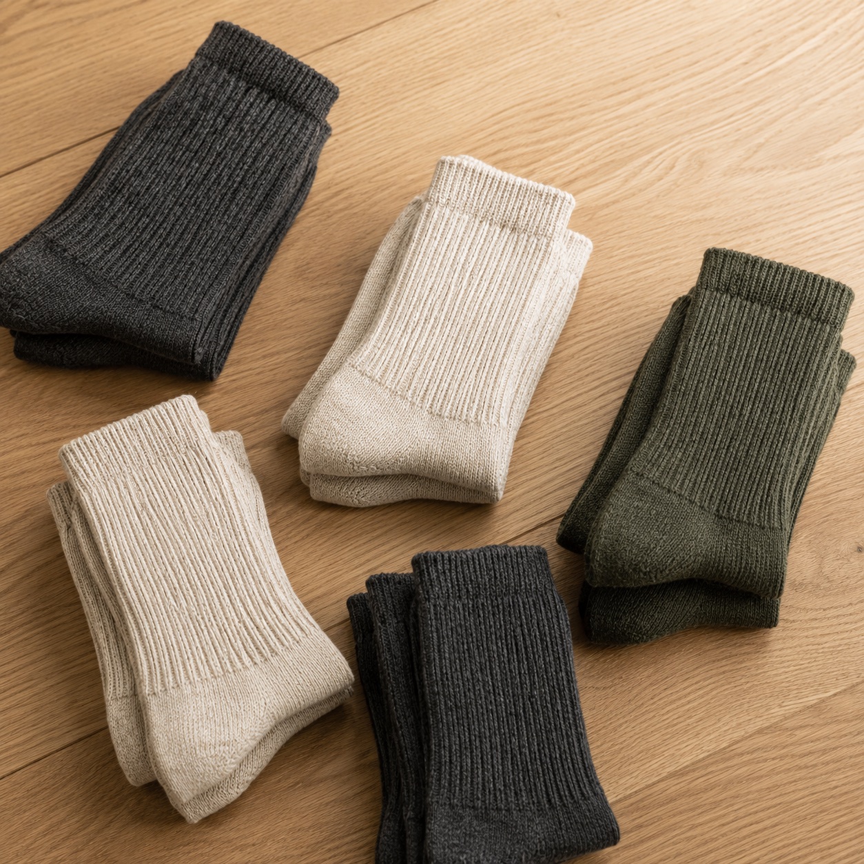 Folded ribbed crew socks in charcoal, oatmeal and moss