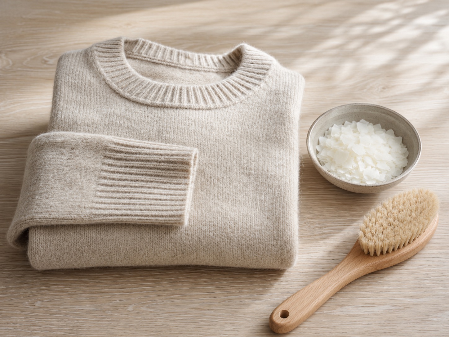 A folded lambswool jumper beside wool detergent flakes and a garment brush