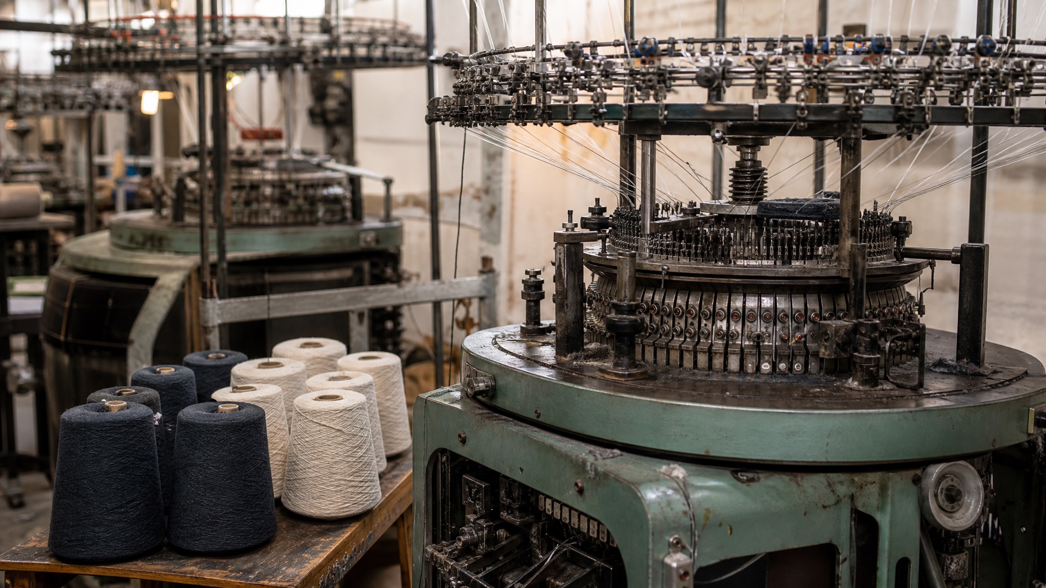 Circular knitting machines with cones of yarn in a British knitting workshop